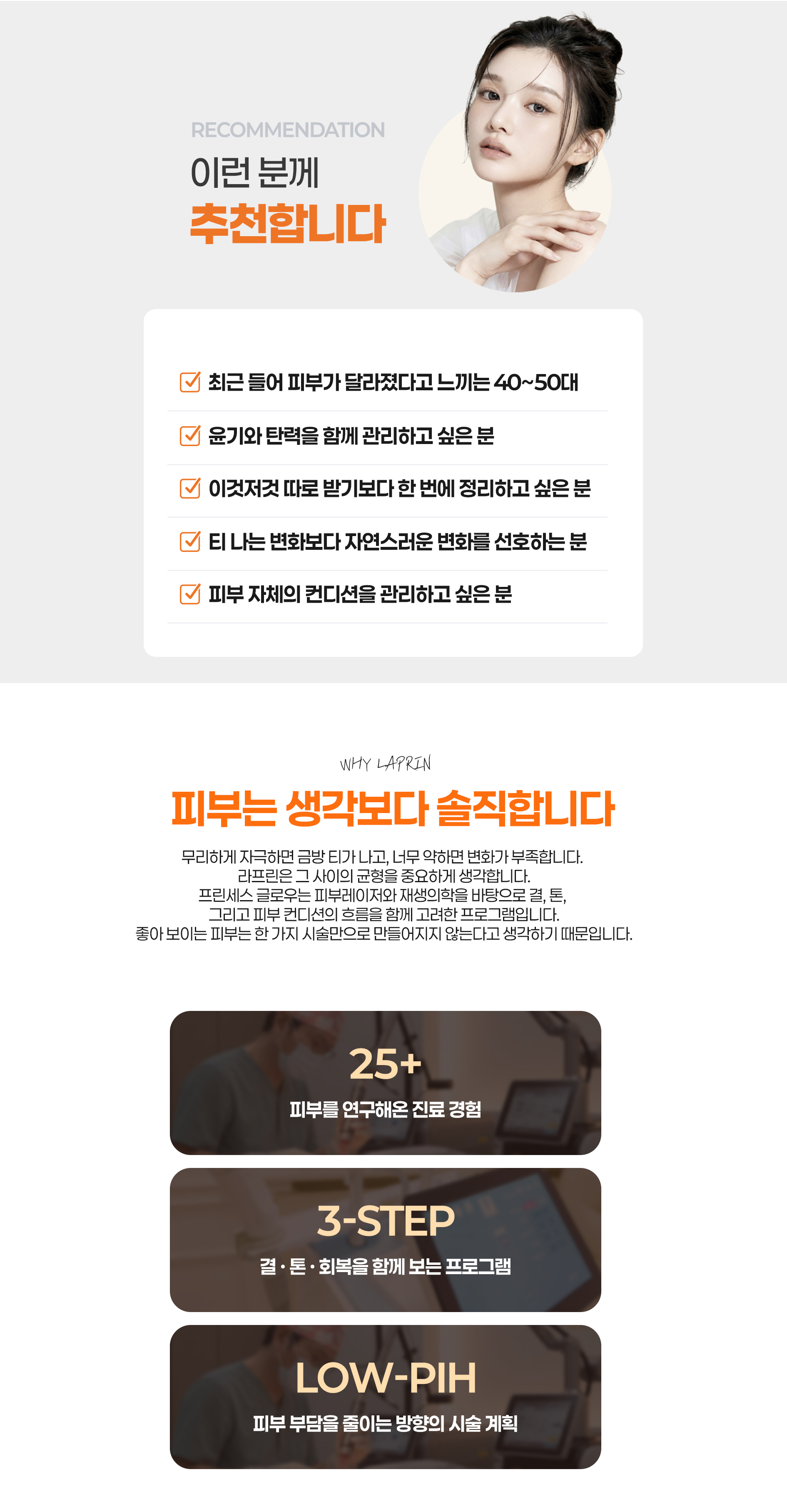 프린센스글로우 핵심 수치 – 25가지 피부 개선 효과, 3단계 시술, LOW-PIH 설계